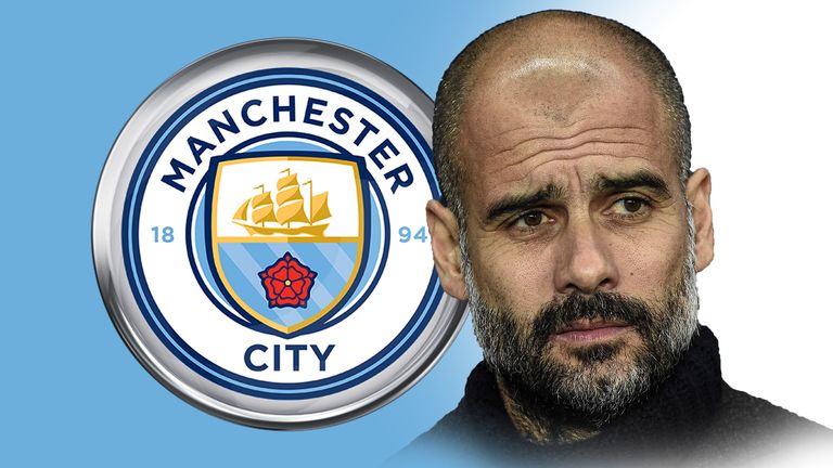 Pep Guardiola och manchester citys logga