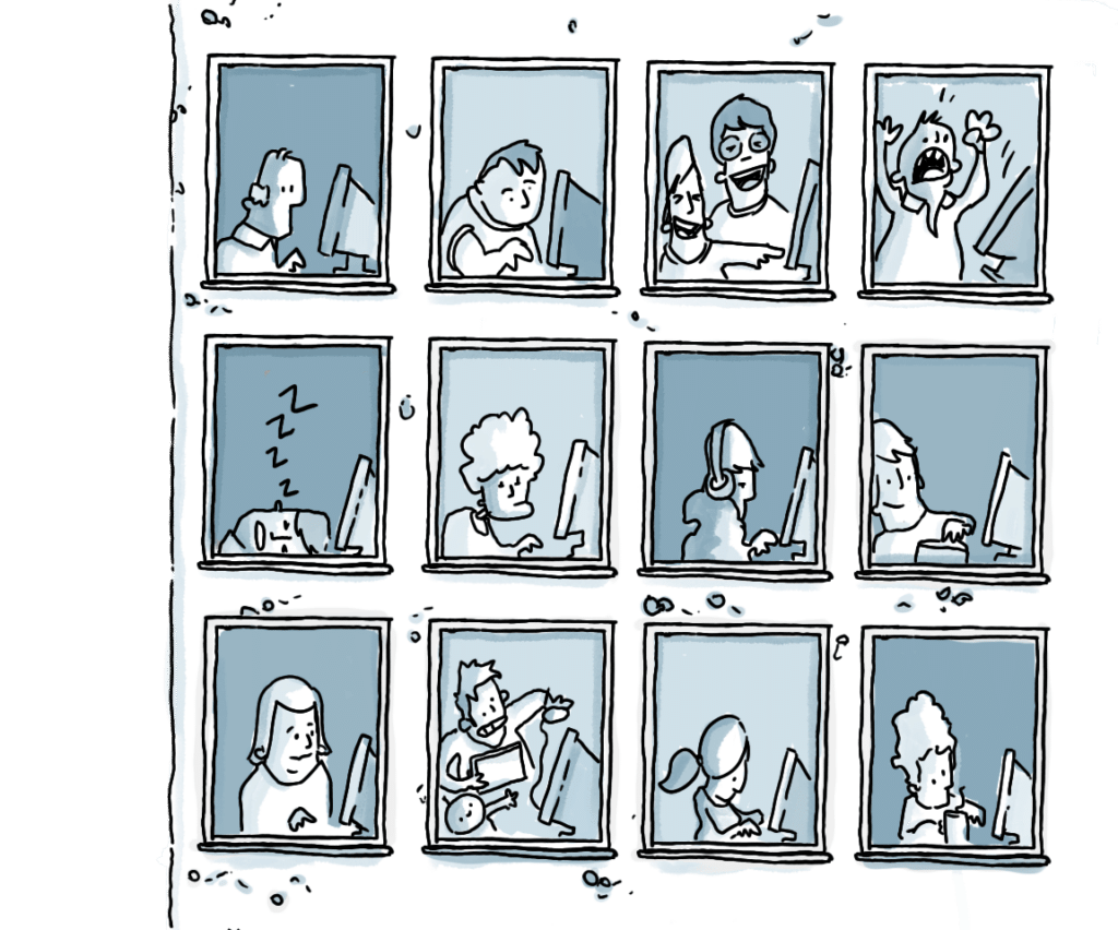 Bild på olika människor som använder sina datorer