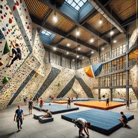 Ett modernt klättergym inomhus med en stor klättervägg täckt av färgglada lastrum. Gymmet är rymligt och väl upplyst, med vadderade golv